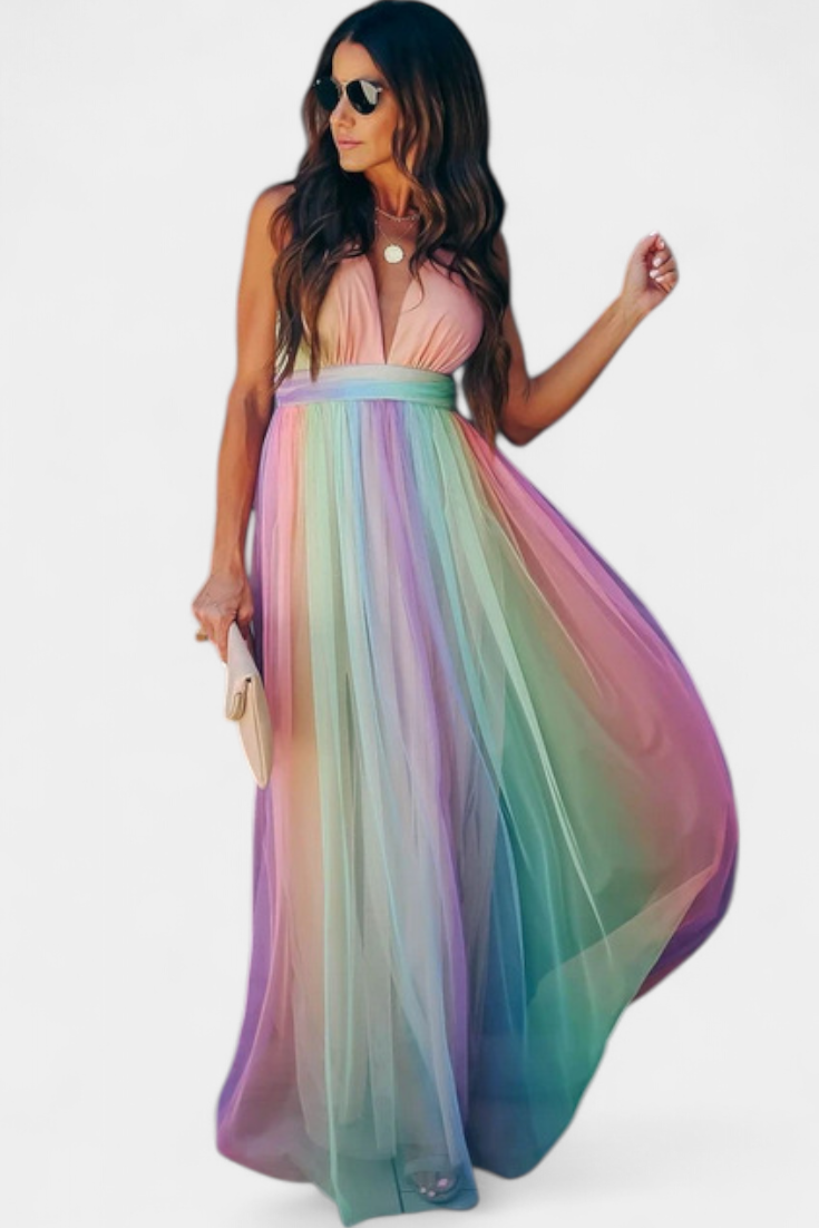 Vestido a rayas colorido con escote en V