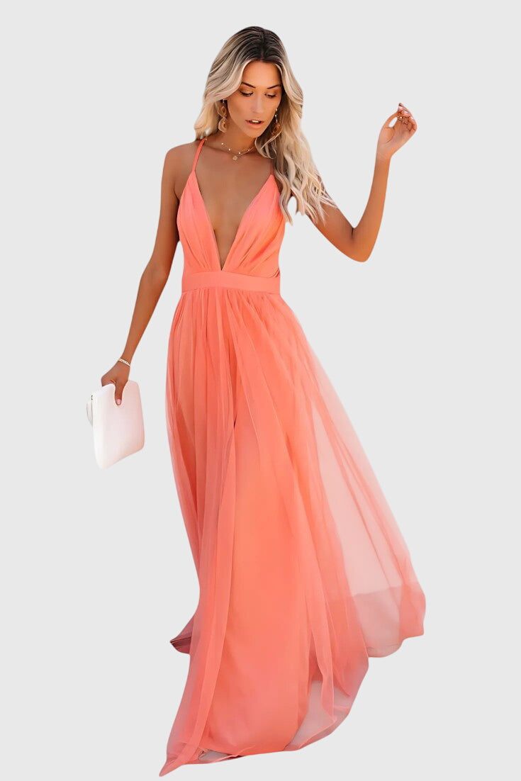 Vestido maxi sin mangas de tul