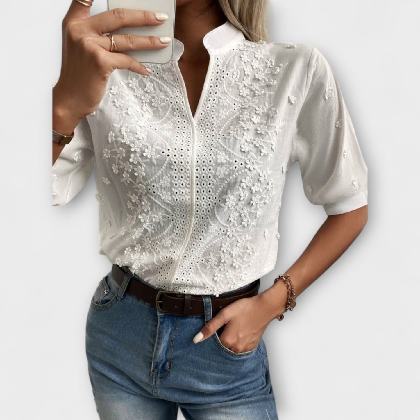 Camisa de verano para mujer con bordado floral