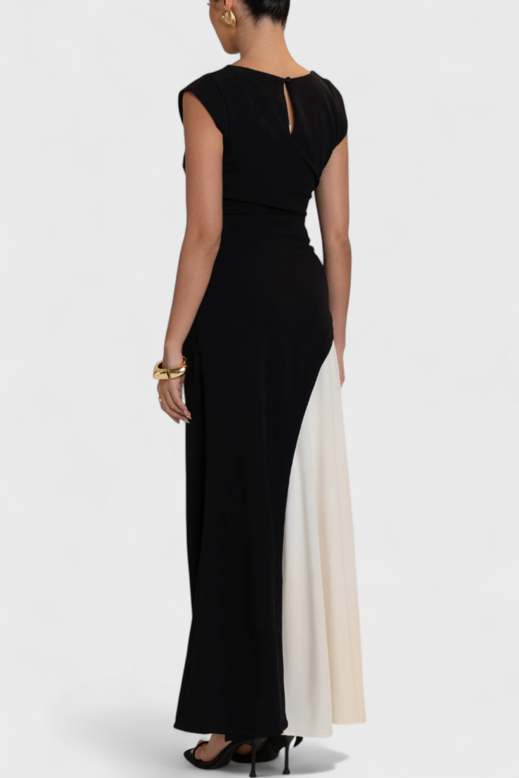 Vestido midi Mallory bicolor corte recto silueta definida