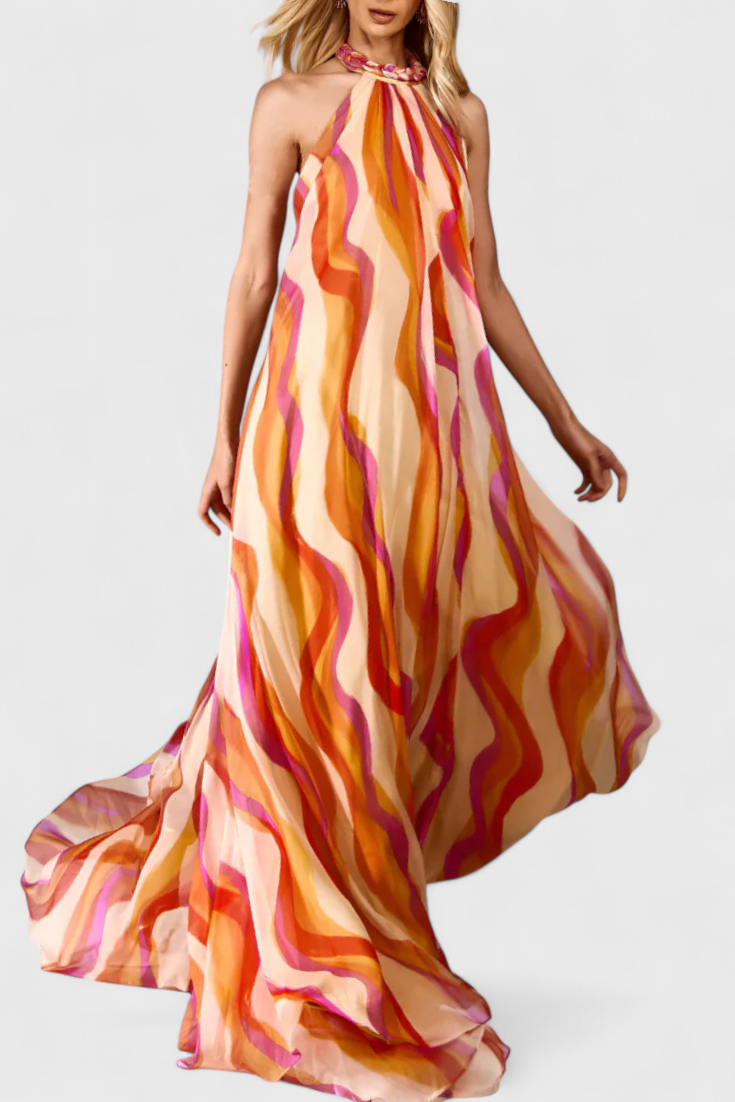 Vestido halter maxi Rami con estampado de olas y trenzado elegante