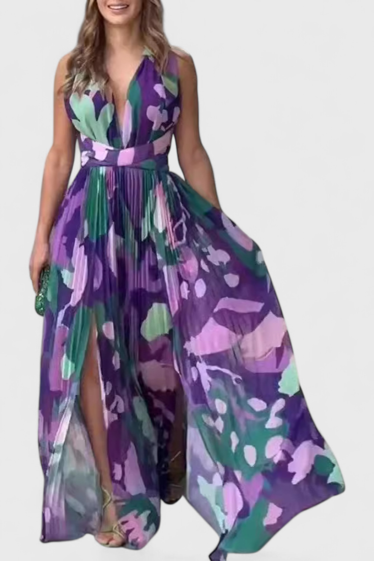 Vestido largo plisado con estampado acuarela y espalda descubierta