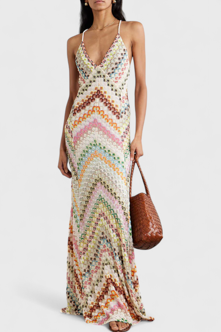 Agostina vestido largo de encaje con escote en V y diseño en zigzag