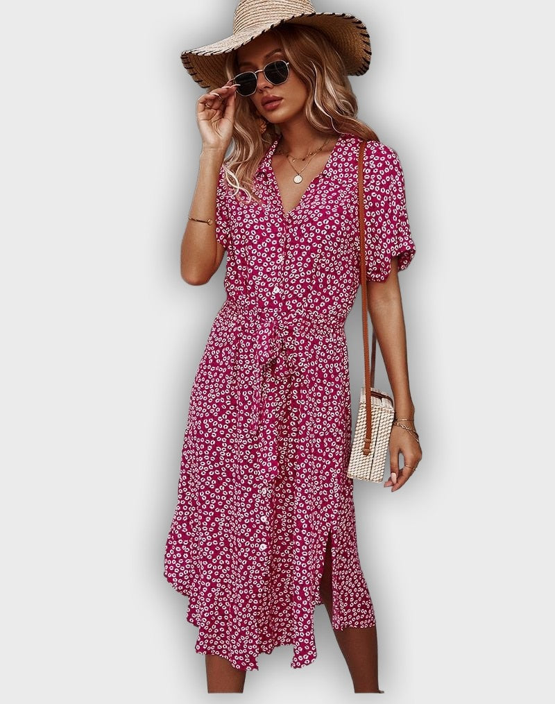 Vestido midi casual de verano con cintura ajustable y estampado floral