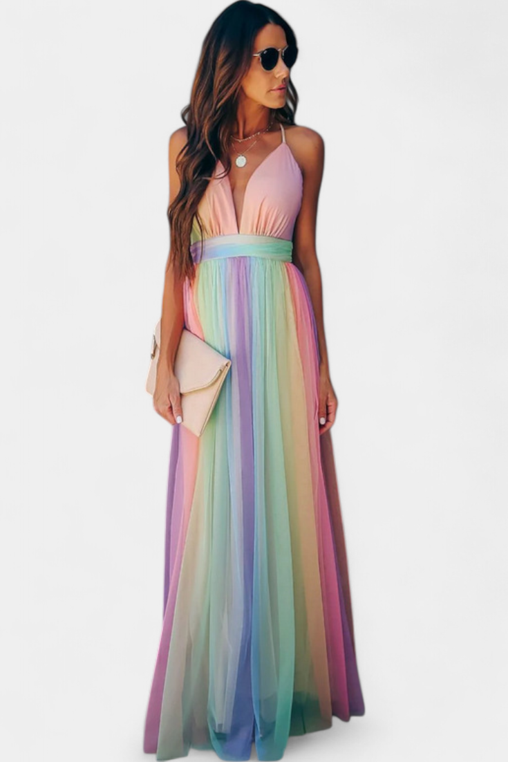 Vestido a rayas colorido con escote en V