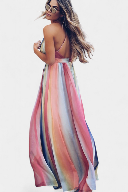 Vestido a rayas colorido con escote en V