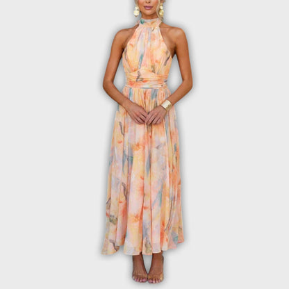 Vestido maxi con estampado acuarela y tirantes halter