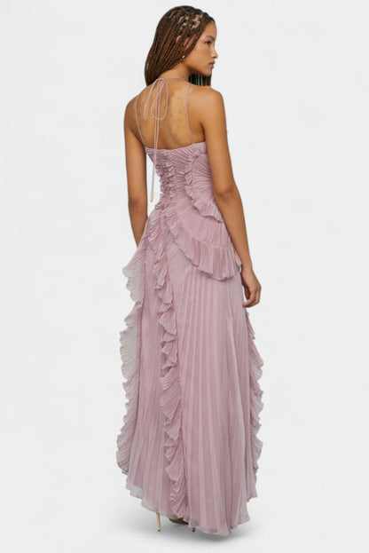 Vestido halter Bia con pliegues y flecos tono lila