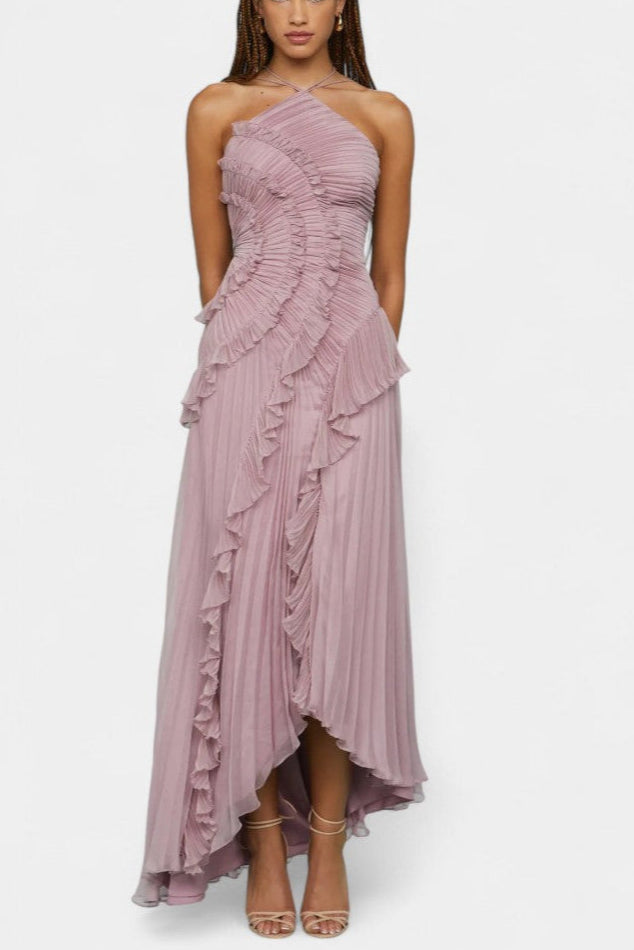 Vestido halter Bia con pliegues y flecos tono lila