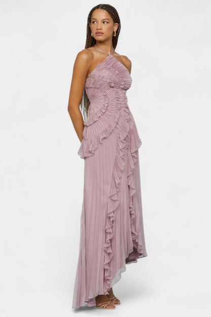 Vestido halter Bia con pliegues y flecos tono lila