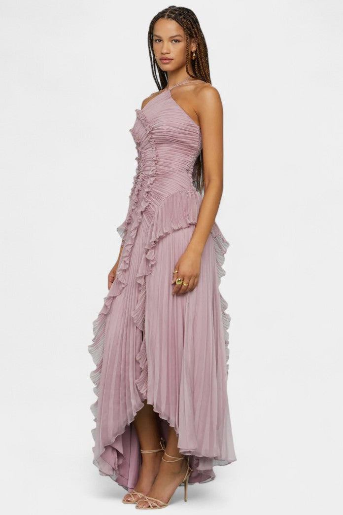 Vestido halter Bia con pliegues y flecos tono lila