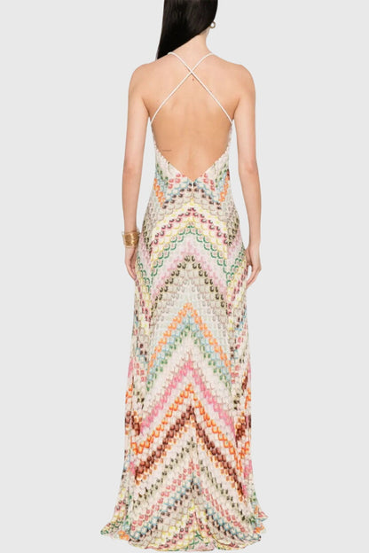 Vestido largo Agostina con encaje y escote en V y patrón zigzag