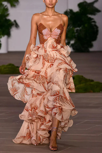 Vestido Juliet con volantes y escote en diamante