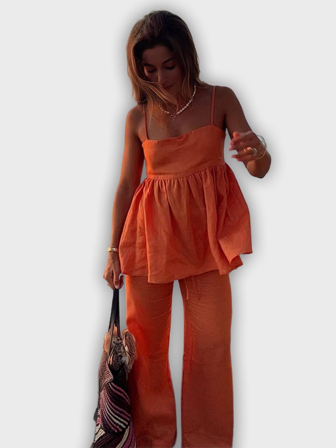 Conjunto de verano de dos piezas con top y pantalones anchos estilo elegante y relajado