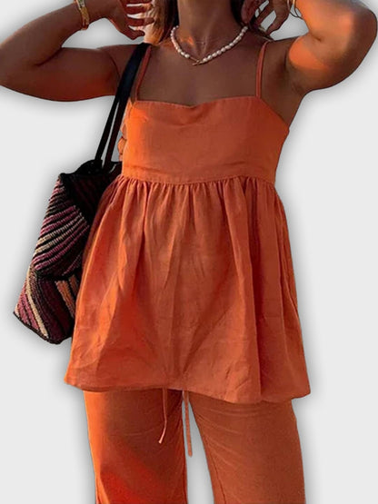 Conjunto de verano de dos piezas con top y pantalones anchos estilo elegante y relajado