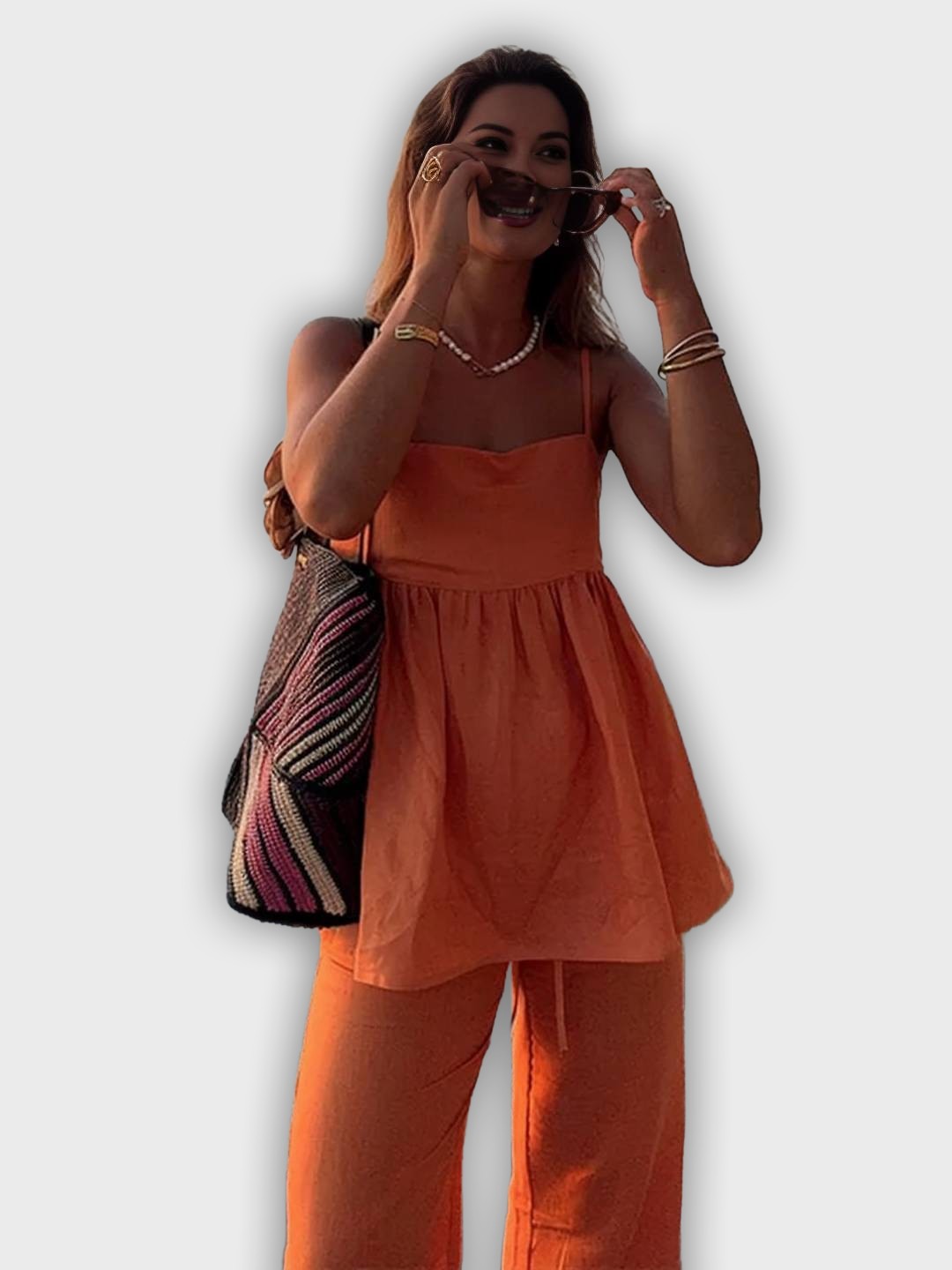 Conjunto de verano de dos piezas con top y pantalones anchos estilo elegante y relajado