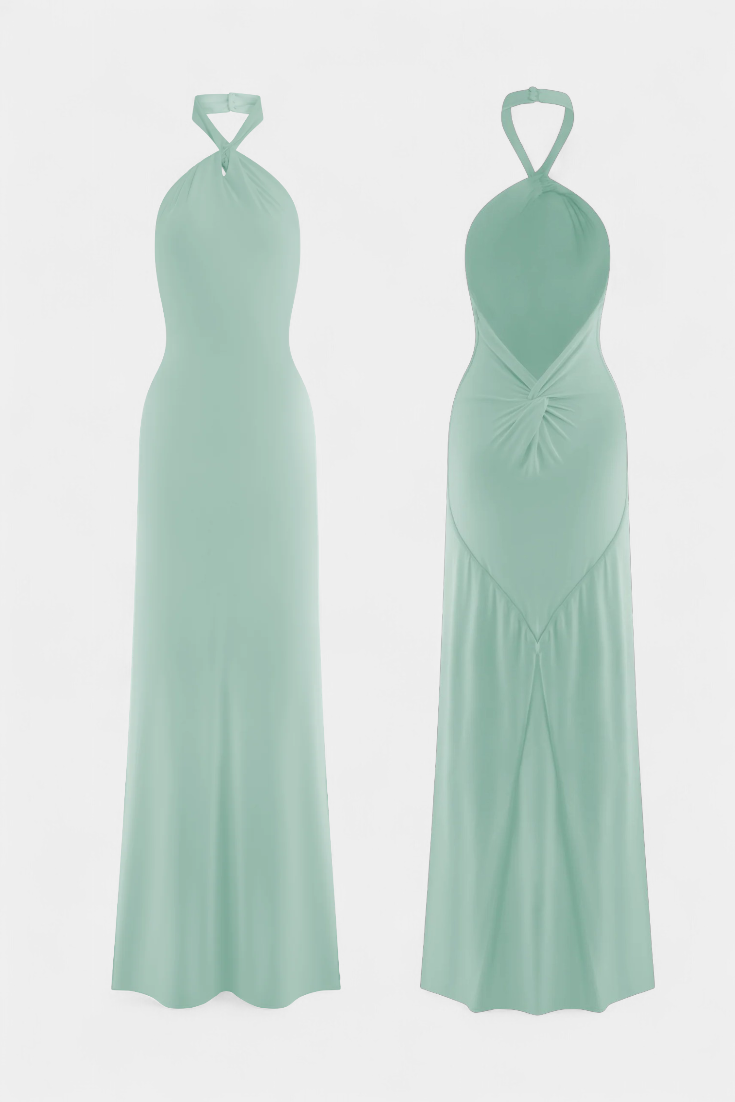 Vestidos Trinity con cuello halter adecuados para curvas y espalda descubierta