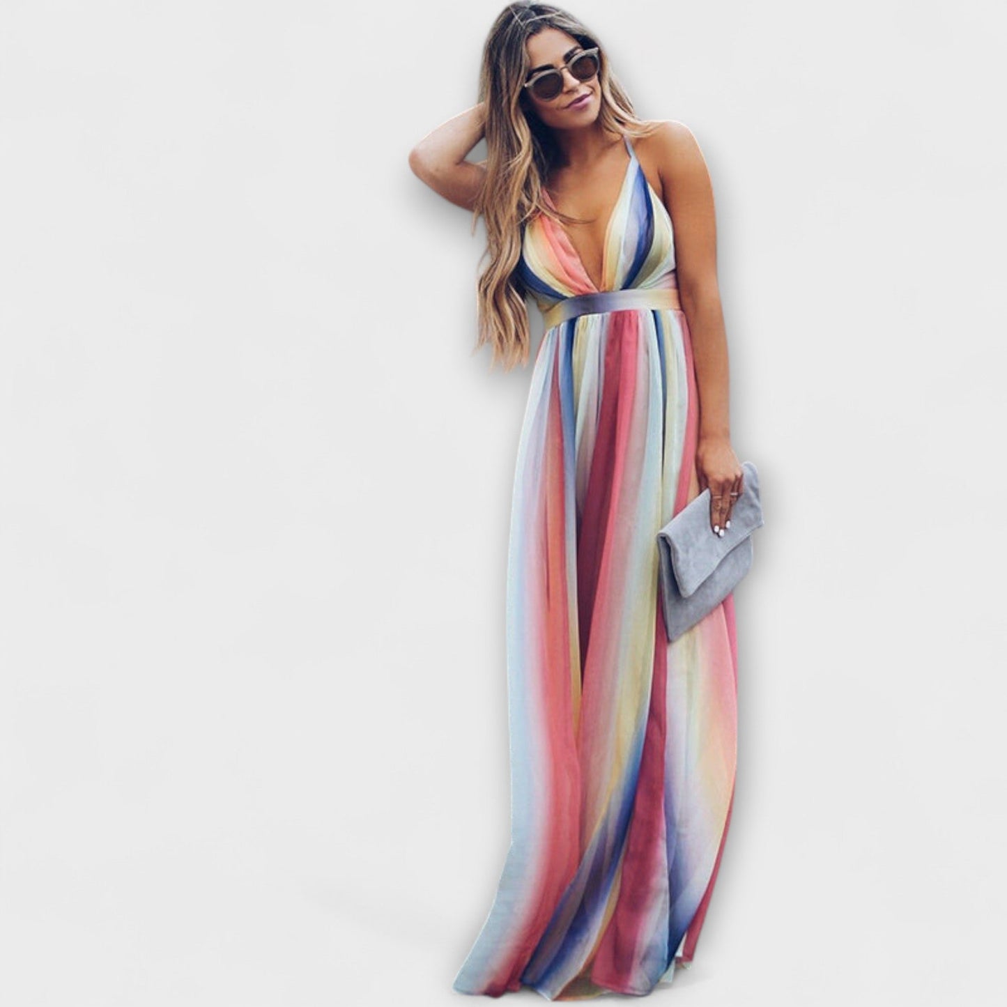 Vestido maxi con escote en V y rayas multicolor
