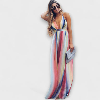 Vestido maxi con escote en V y rayas multicolor