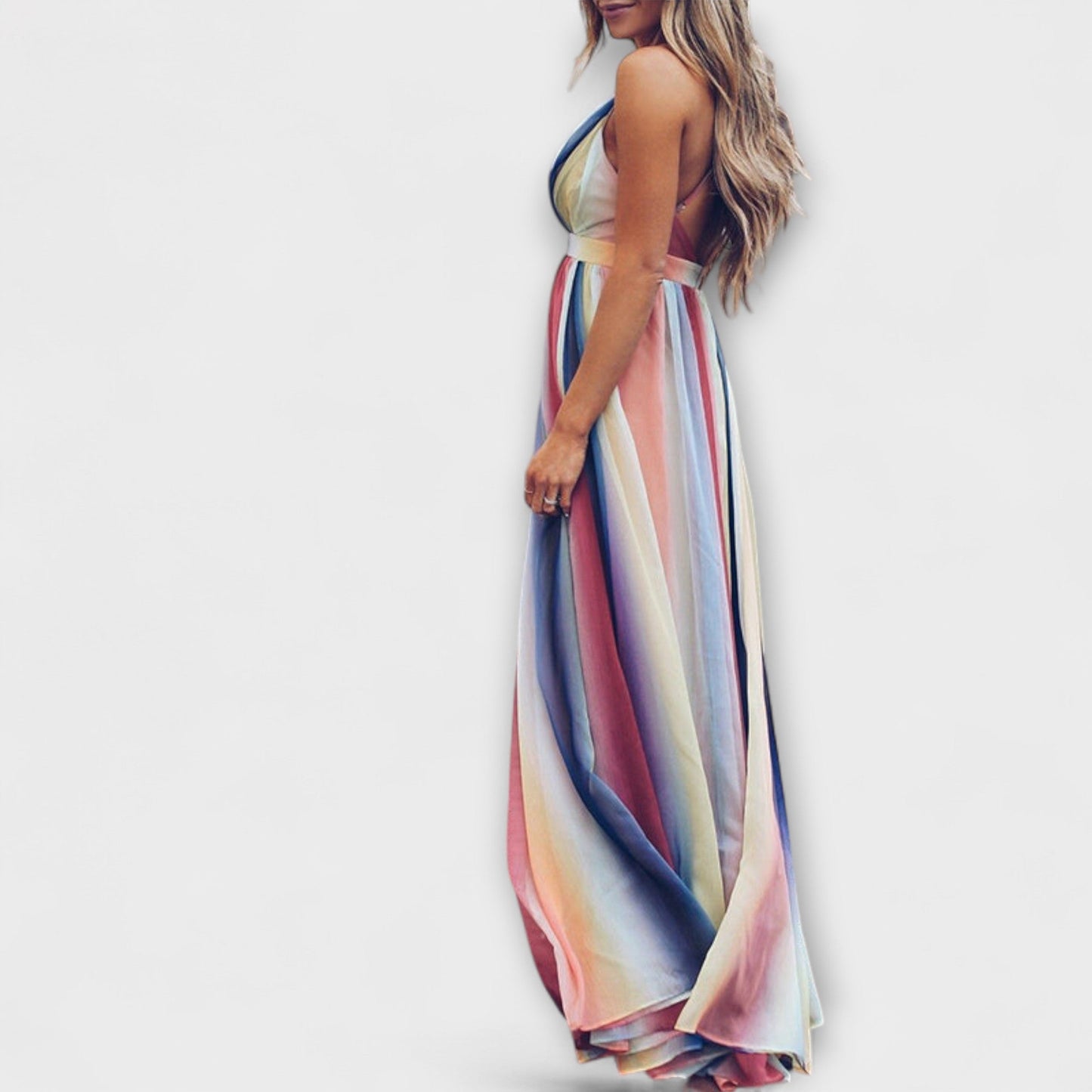 Vestido maxi con escote en V y rayas multicolor