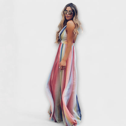 Vestido maxi con escote en V y rayas multicolor