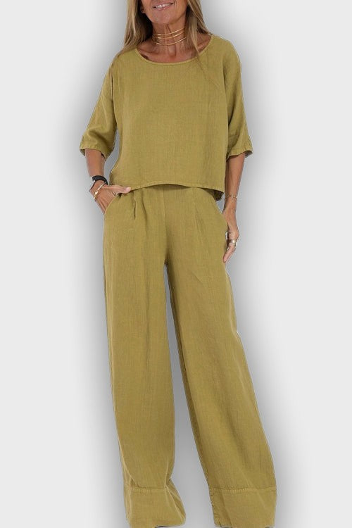 Conjunto elegante de dos piezas en algodón y lino para mujer