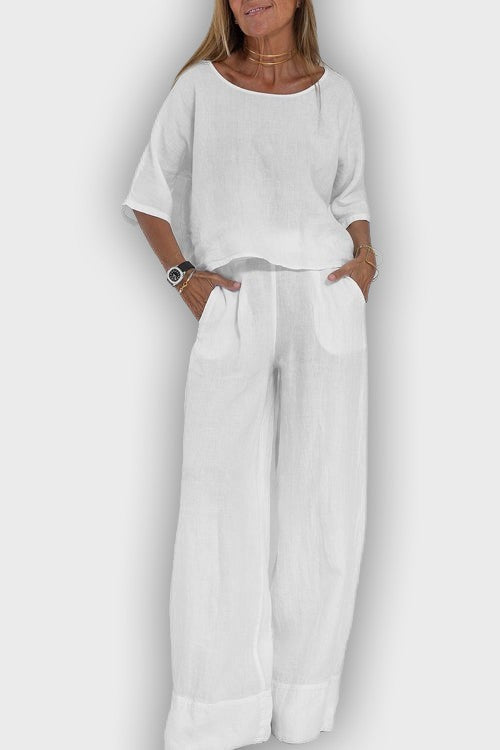 Conjunto elegante de dos piezas en algodón y lino para mujer