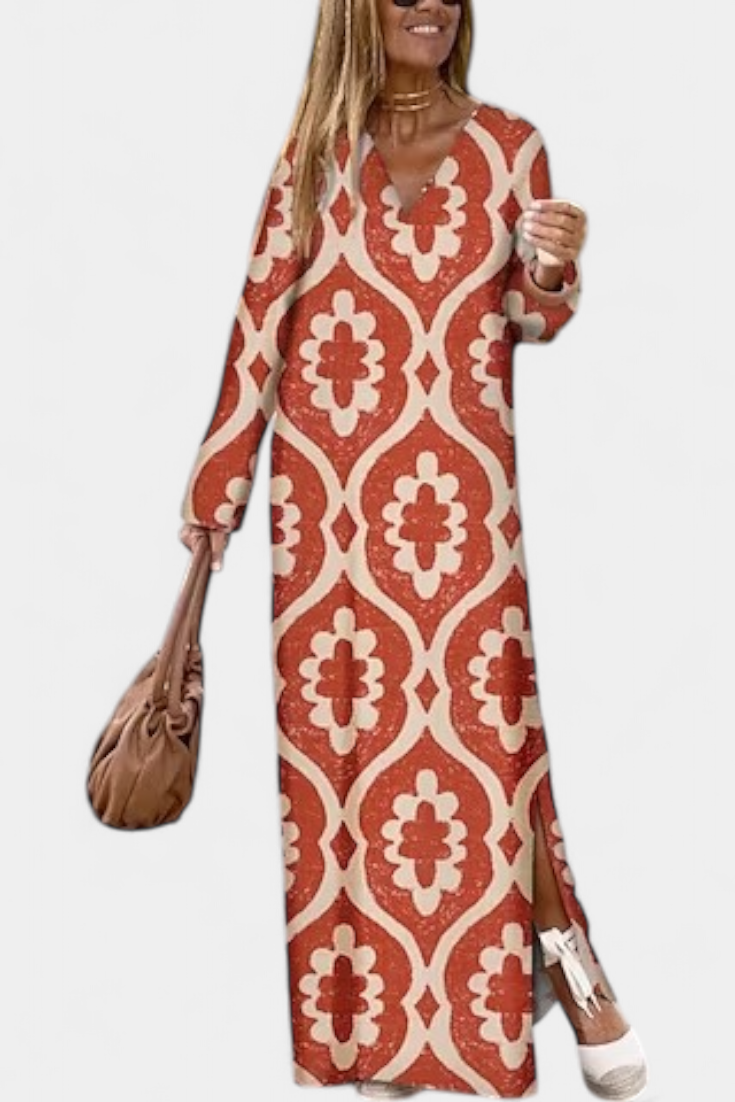 Vestido largo Brisa geométrico con abertura y escote en V