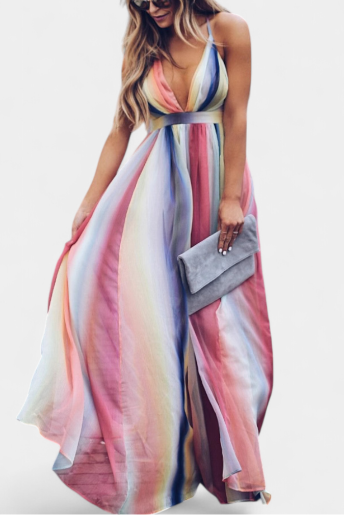 Vestido a rayas colorido con escote en V