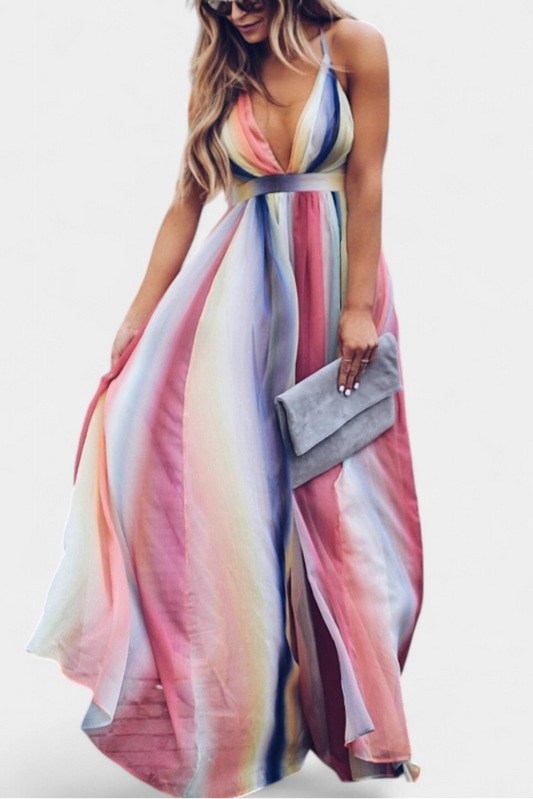 Vestido a rayas colorido con escote en V