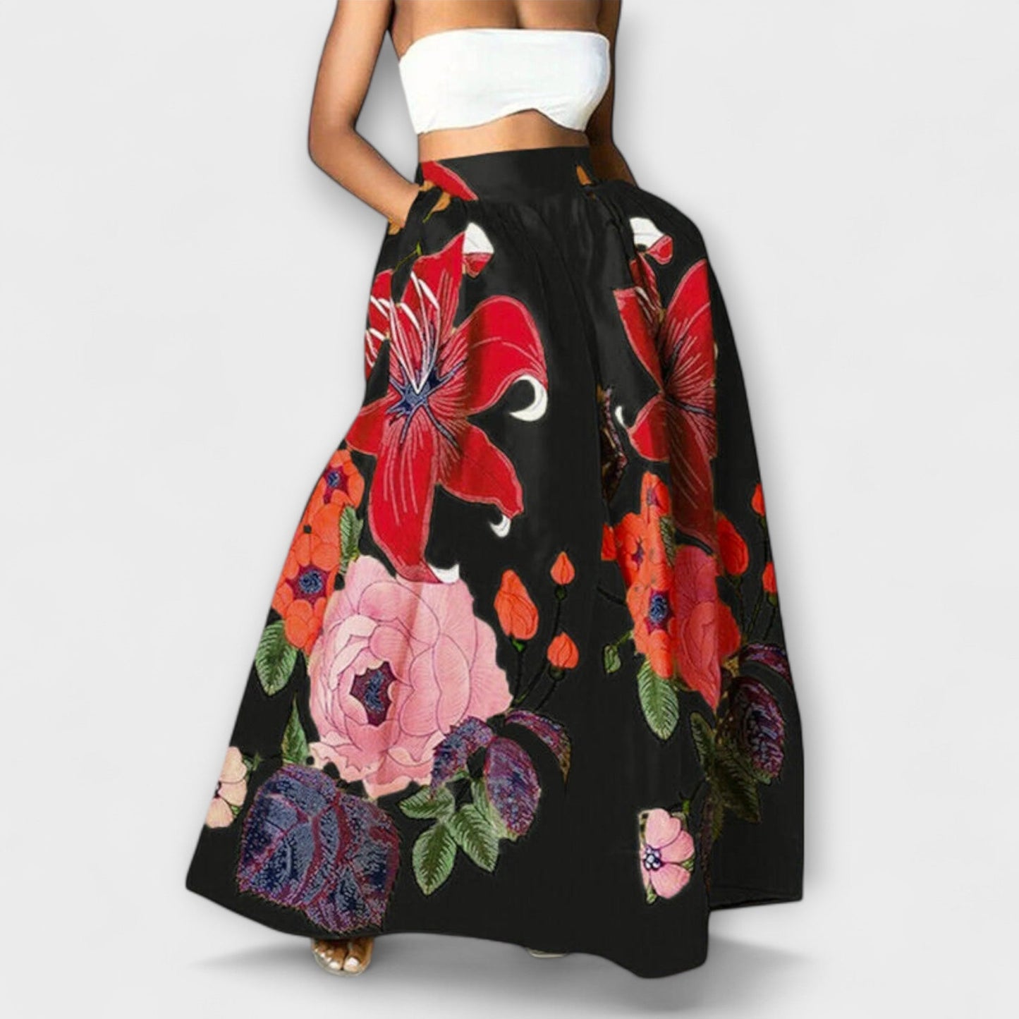 Falda maxi de talle alto con estampado floral