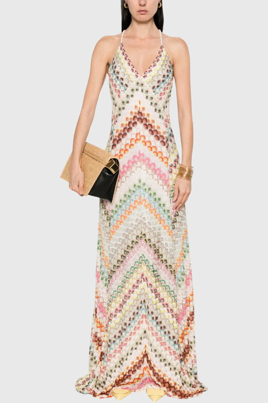 Vestido largo Agostina con encaje y escote en V y patrón zigzag