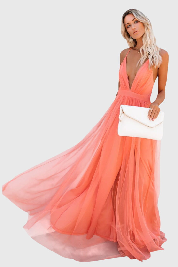 Vestido maxi sin mangas de tul