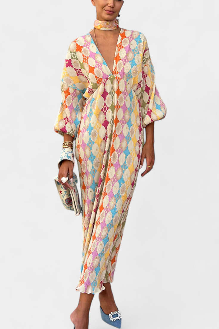 Vestido maxi de shanis con estampado geométrico