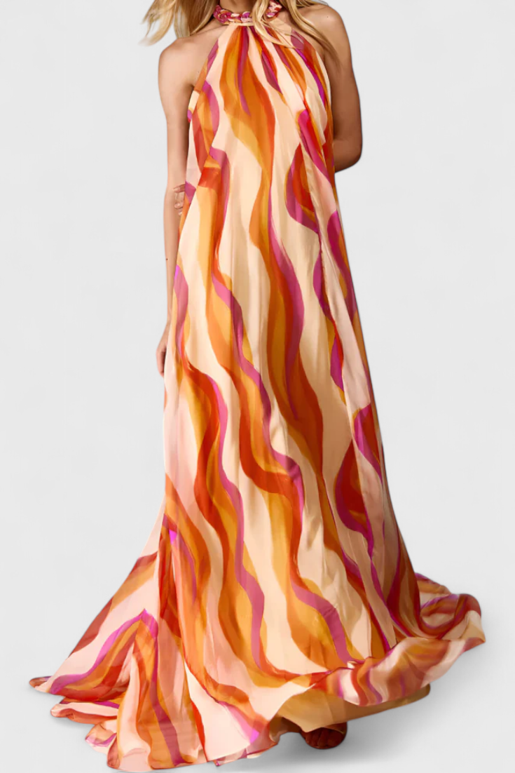 Vestido halter maxi Rami con estampado de olas y trenzado elegante