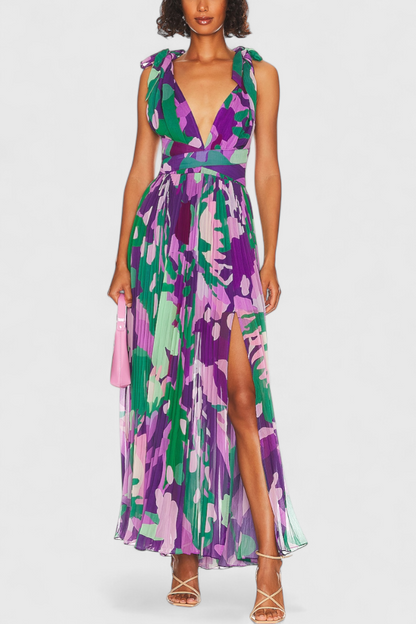 Vestido largo plisado con estampado acuarela y espalda descubierta