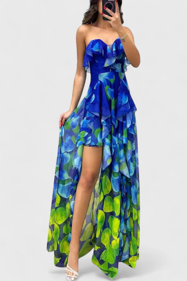 Vestido maxi Ansi sin mangas con capas fluidas y abertura degradada