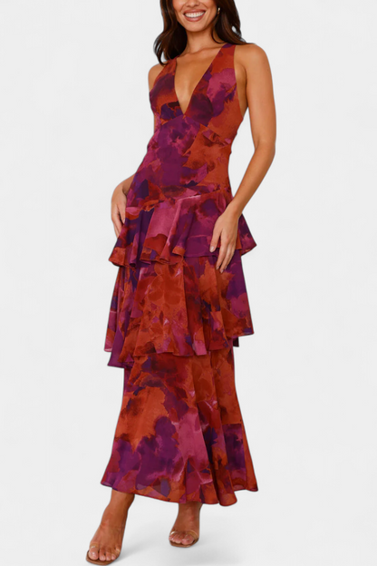 Vestido Doménica en gasa con escote en V y capas fluidas