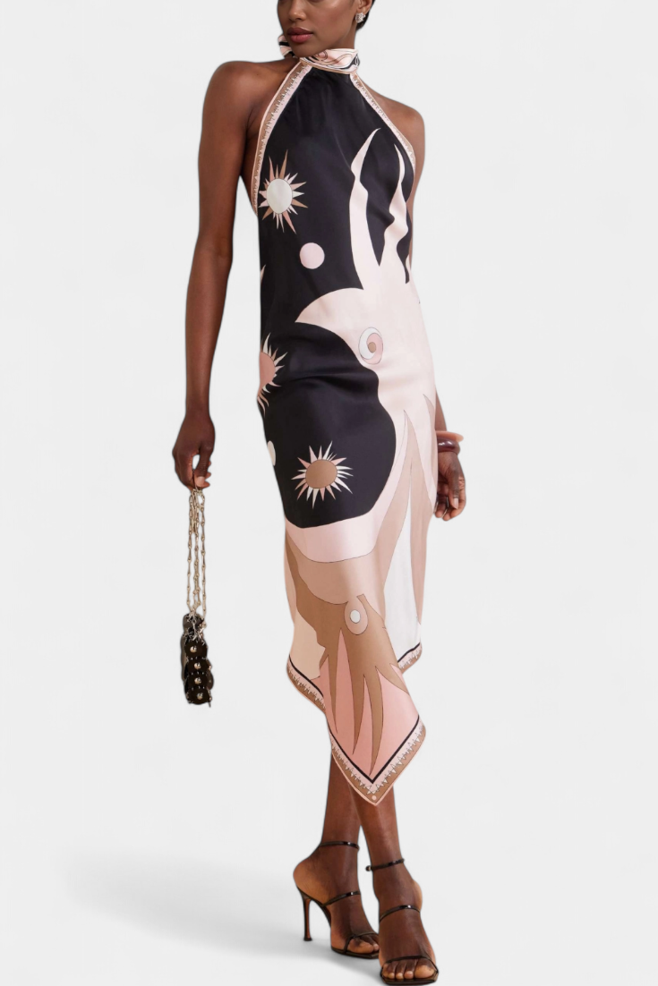 Vestido Rosenda espalda descubierta y estampado abstracto