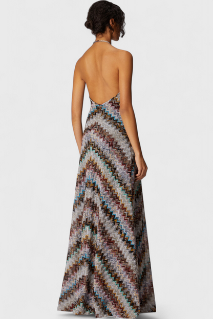 Vestido Melissa con cuello halter y zigzag con acabado iridiscente