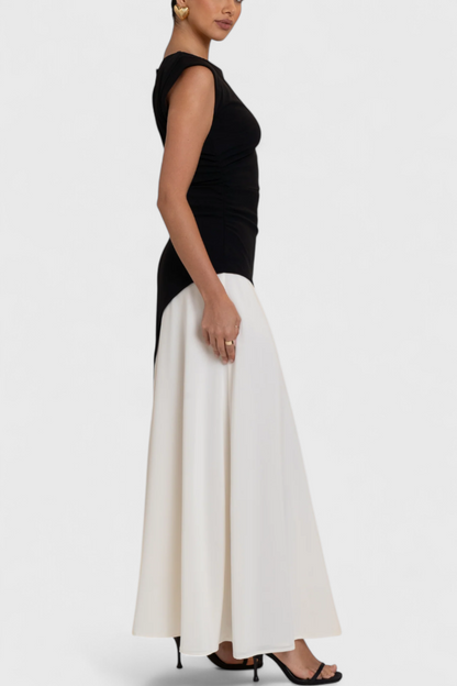 Vestido midi Mallory bicolor corte recto silueta definida