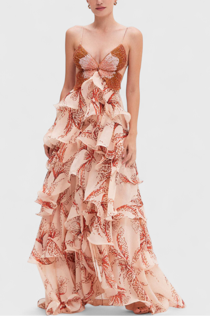 Vestido Juliet con volantes y escote en diamante