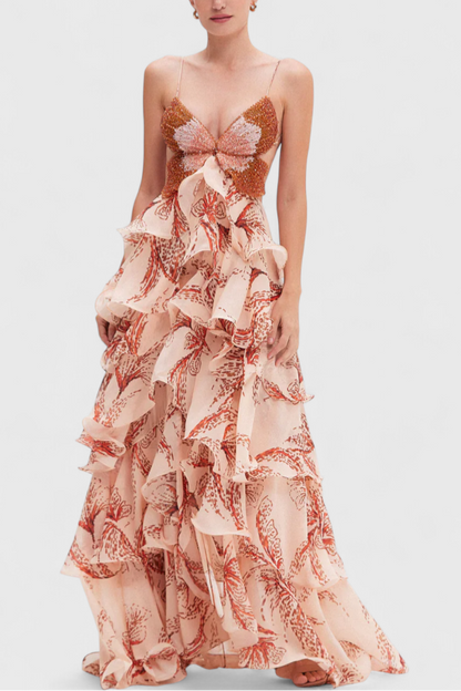 Vestido Juliet con volantes y escote en diamante