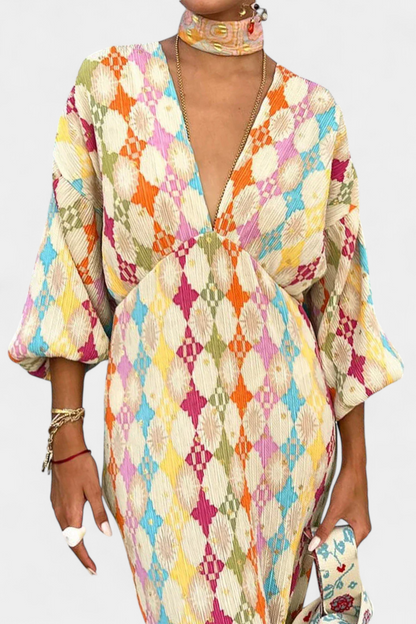 Vestido maxi de shanis con estampado geométrico