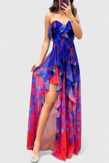 Vestido maxi Ansi sin mangas con capas fluidas y abertura degradada