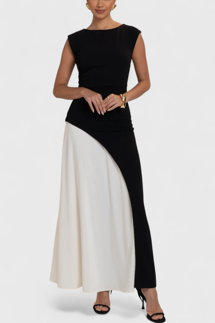 Vestido midi Mallory bicolor corte recto silueta definida