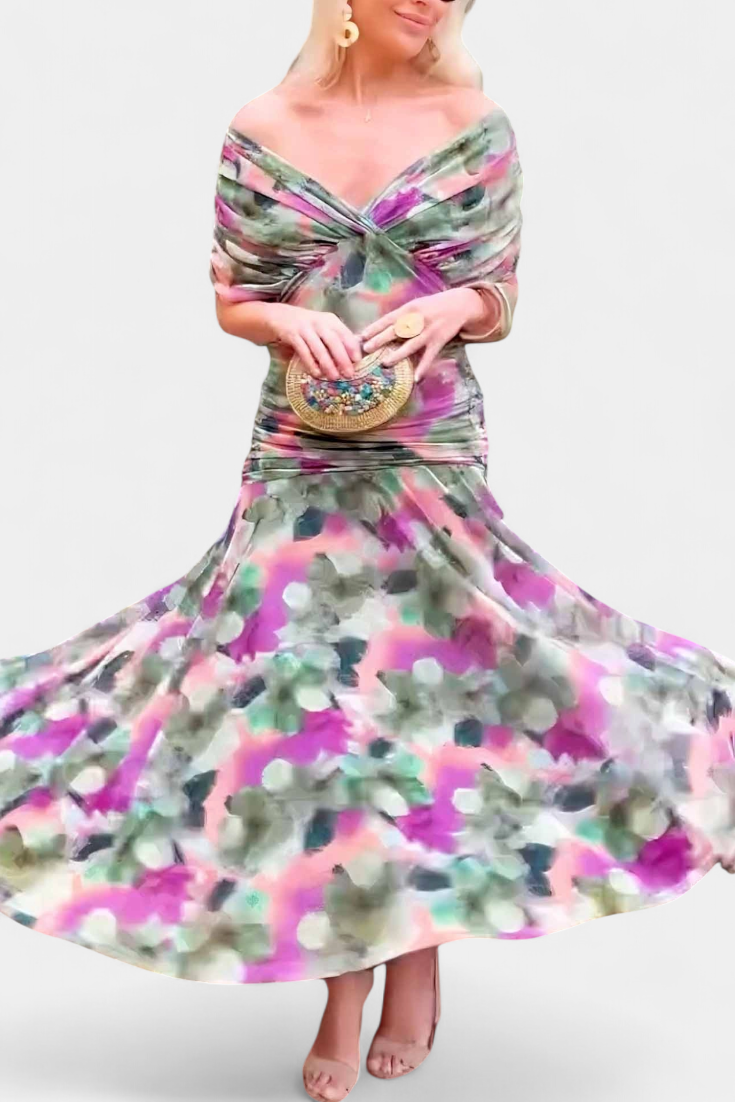 Vestido largo Alondra con estampado floral fantasía y escote en V