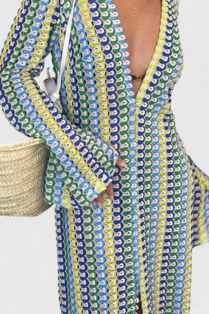 Vestidos Cristanta largos con estampado de olas multicolores y mangas largas