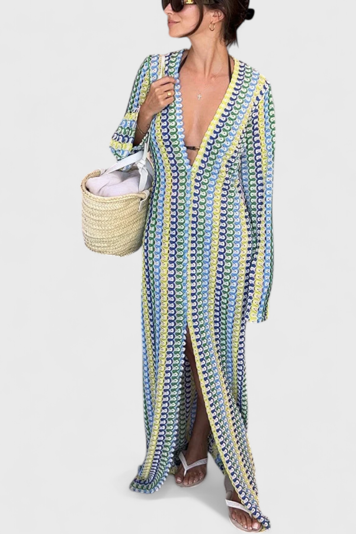 Vestidos Cristanta largos con estampado de olas multicolores y mangas largas