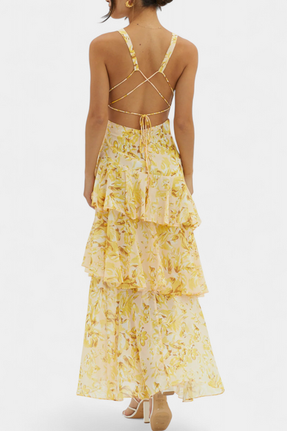 Vestido Doménica en gasa con escote en V y capas fluidas